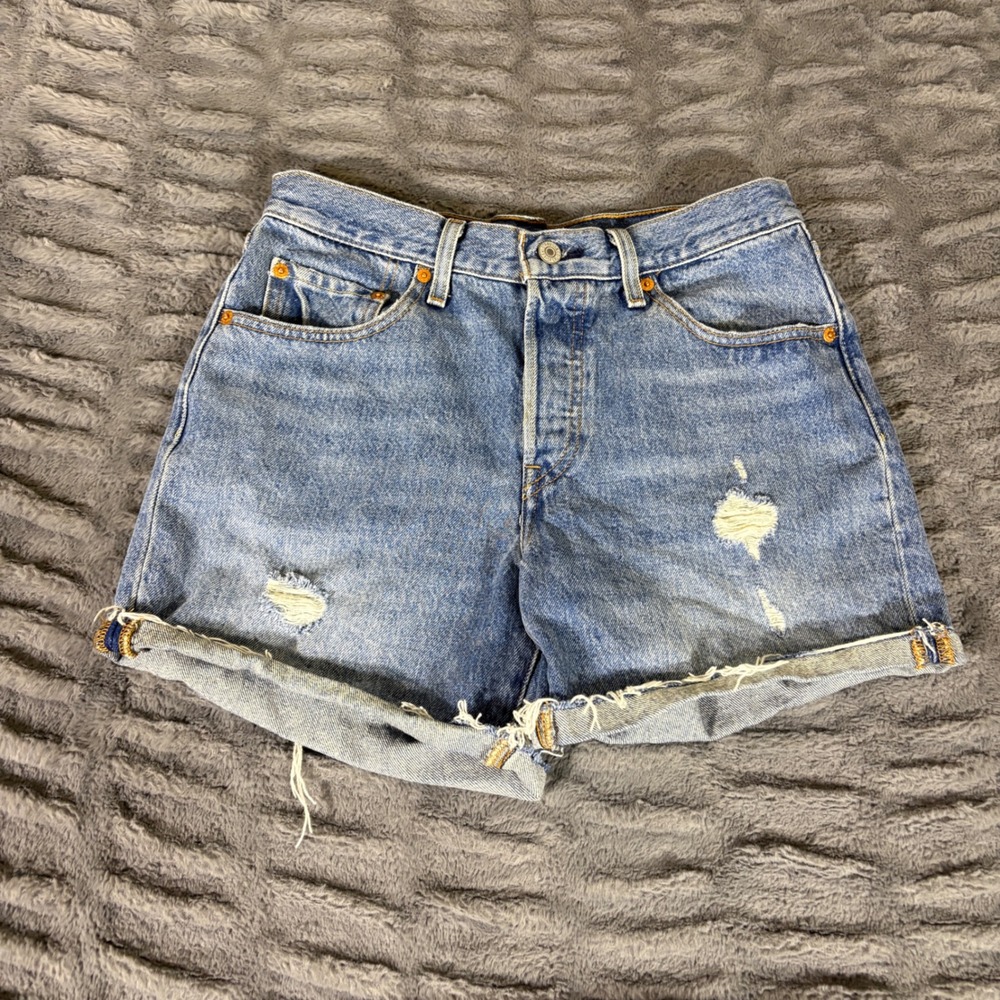 Levis 501 Premium Womens High Rise Distressed Denim Shorts Blue W27 29961-0005
